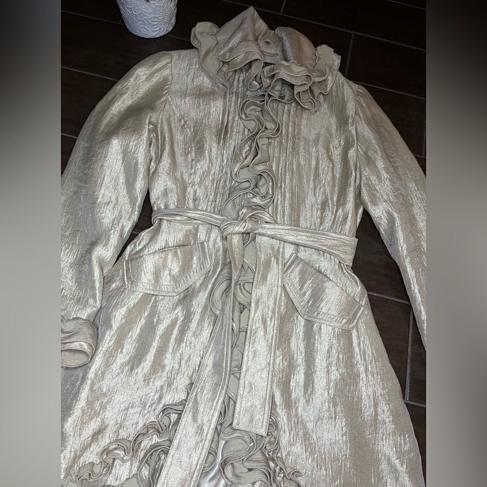 Samuel Dong shimmer champagne bubble ruffle hem coat/dress sz small - Picture 4 of 11